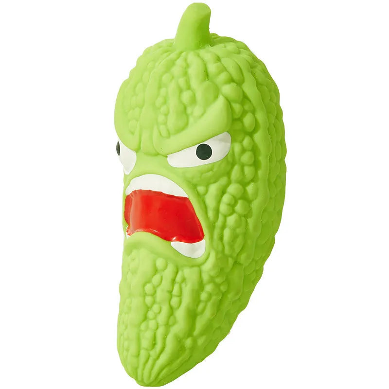 Bitter melon or chili shaped dog chew toy with textured surface for teeth cleaning and pet sound.