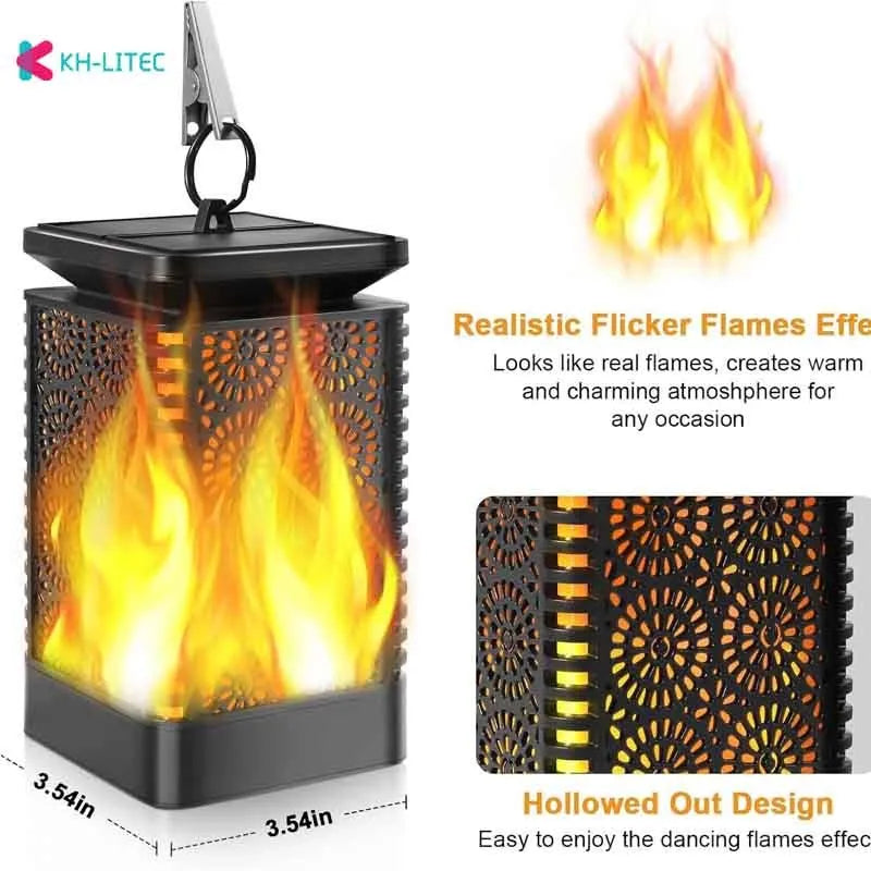 Set of four black solar-powered hanging garden lights with a flickering flame LED effect.