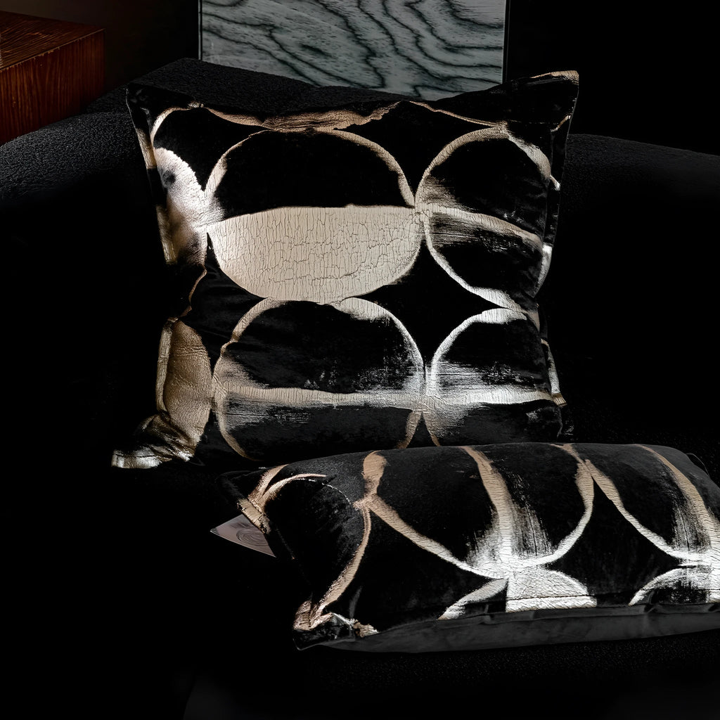 Black gold abstract flannel pillow with bronzed full moon pattern available in square and waist sizes