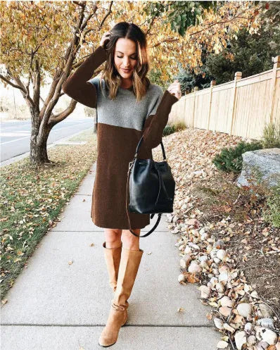 Brown women's loose long sleeve patchwork skirt dress with round neck and retro collage detailing.