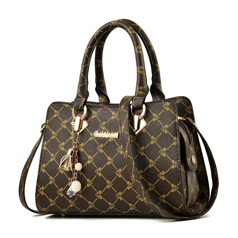 Women's PU messenger bag with geometric print pattern showing internal card slots and organisational compartments