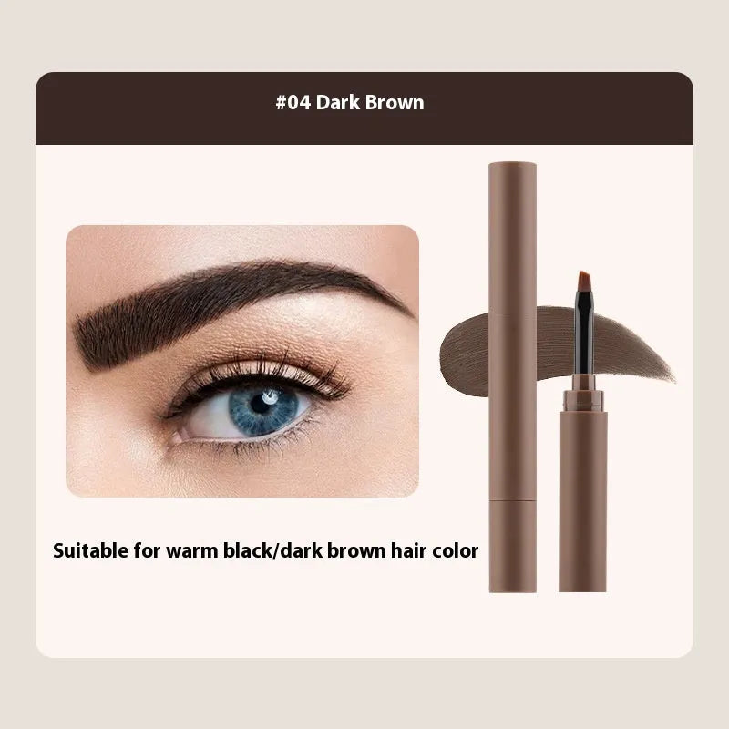 Double-headed eyebrow cream in a tube showing creamy brow product and blending tool, with five neutral shade options displayed.