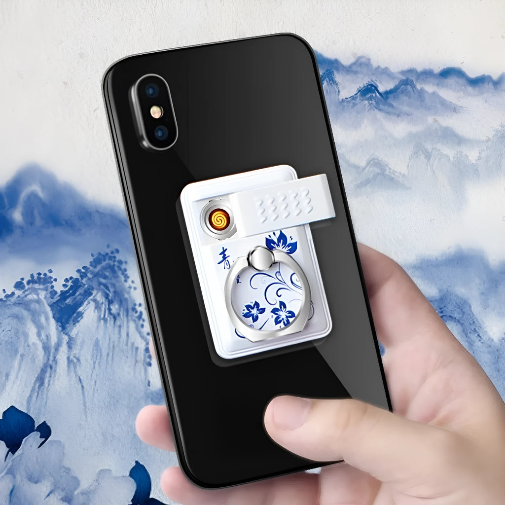 Multi functional portable phone holder cigarette lighter in blue and white porcelain plastic wind resistant