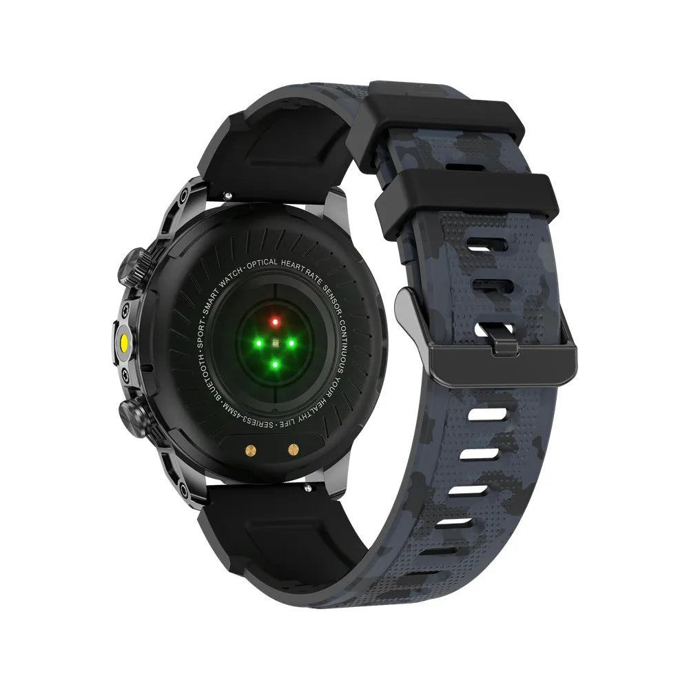 Black sports smartwatch with AMOLED screen on a silicone strap, showing fitness data.