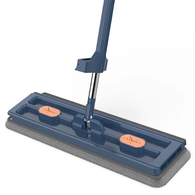 Large flat mop with stainless steel handle and 360-degree rotating head on hard floor