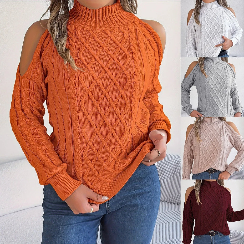 Gray women's strapless sweater with twisted knit pattern, half-high collar, and long lantern sleeves.