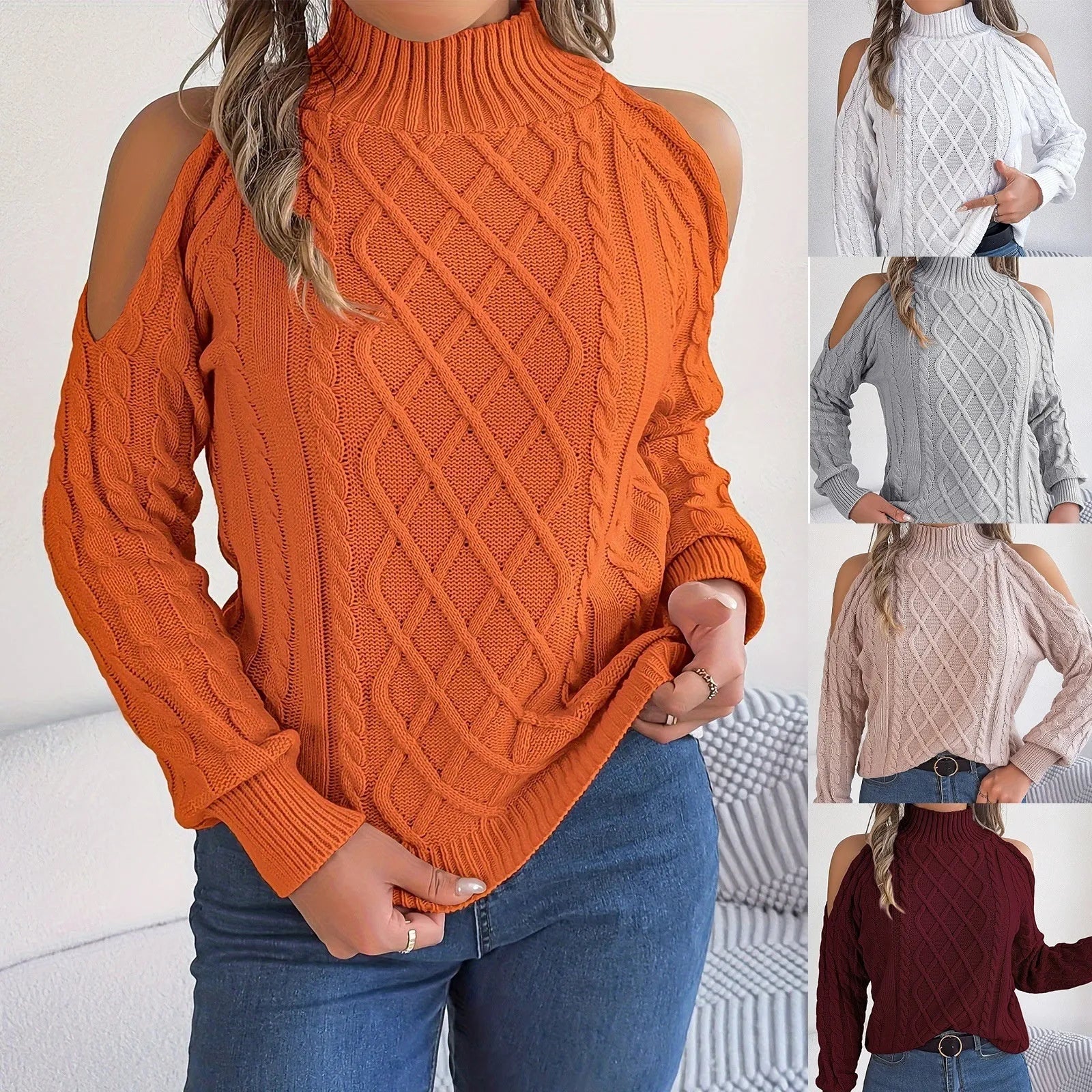 Gray women's strapless sweater with twisted knit pattern, half-high collar, and long lantern sleeves.