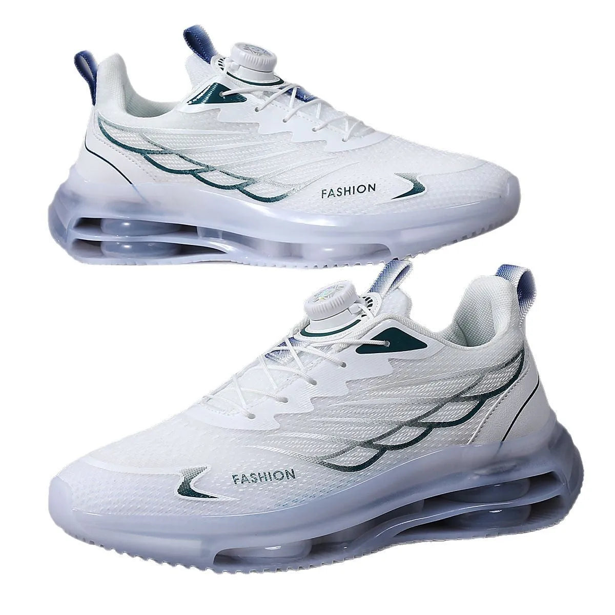 White men's casual running shoes with rotating button closure and mesh upper
