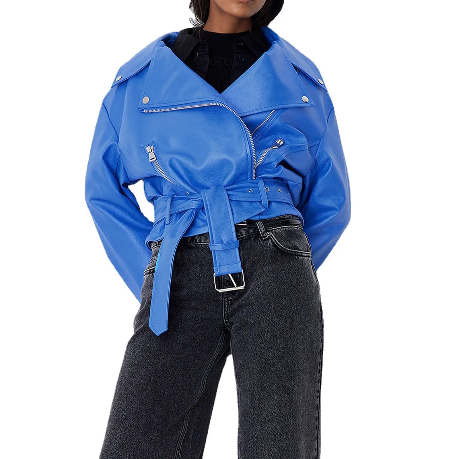Black punk style jacket with a short belt, lapel, and Peter Pan collar on a hanger.