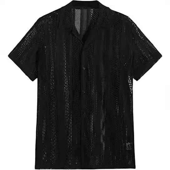 Men's black knitted short-sleeved button cardigan shirt with jacquard texture on a hanger.