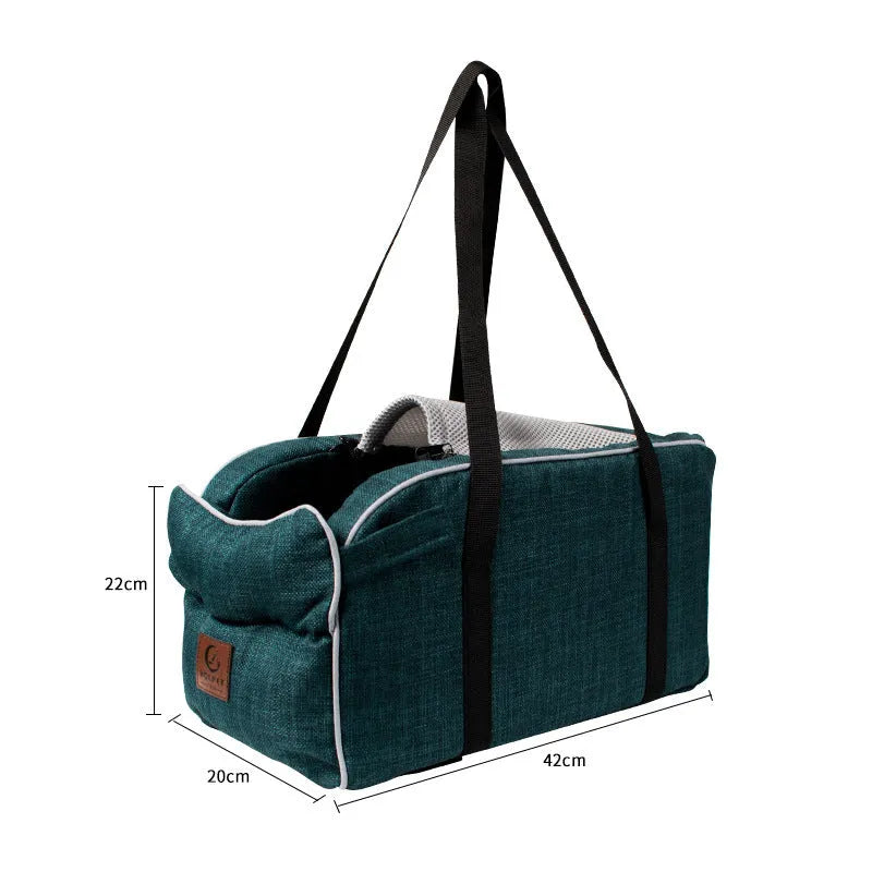 Breathable cloth car central control pet bag with blue ribbon and mesh strap, designed for travel use