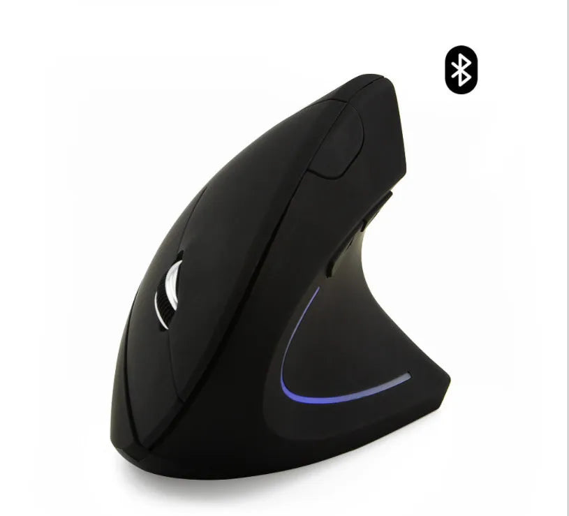 Vertical Vertical wired optical mouse in black with USB cable, six buttons, and four-way wheel on a laptop desk