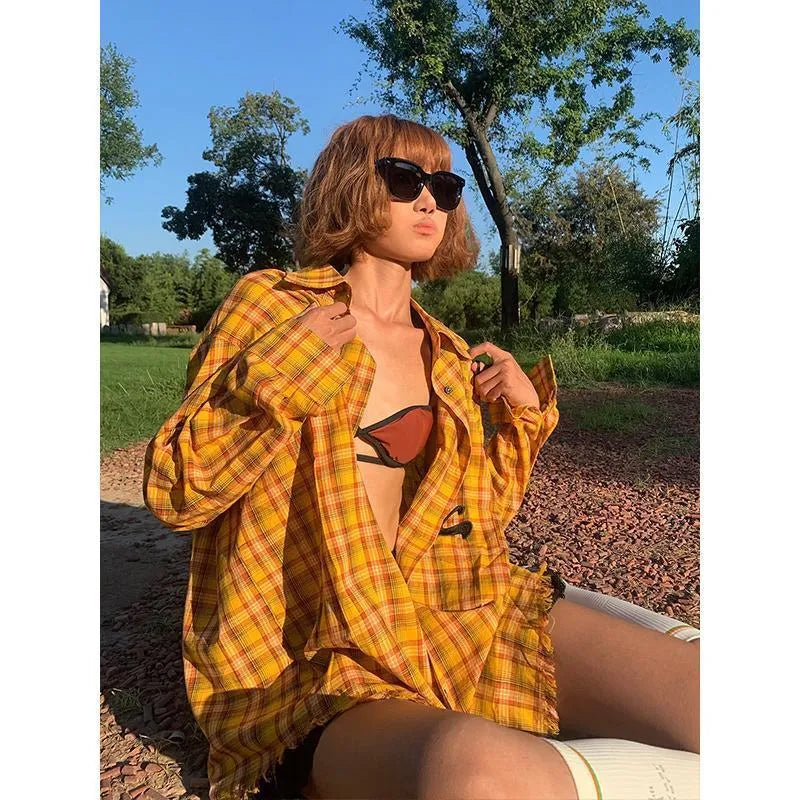 Dopamine yellow plaid shirt with loose cardigan fit and chemical fibre blend fabric