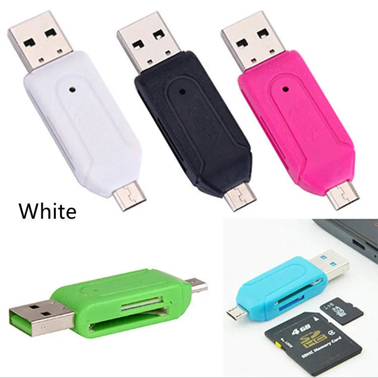 White OTG card reader with micro USB connector for Android phones and USB for computers