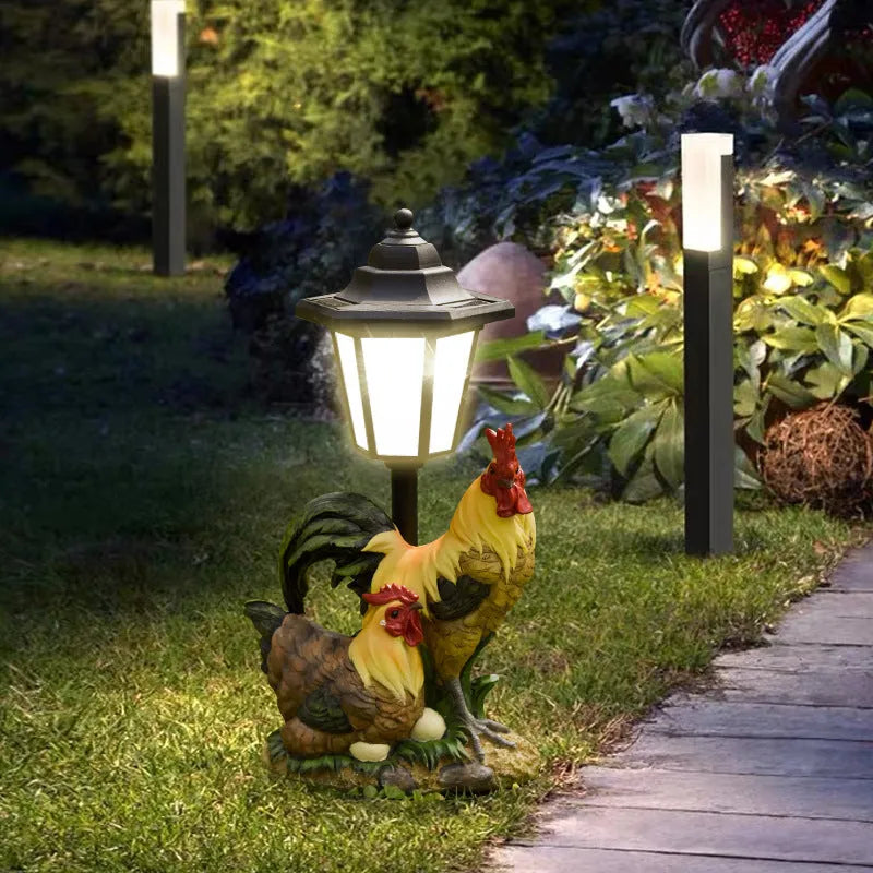 Solar hexagonal garden lamp with decorative resin animal sculpture in American country style