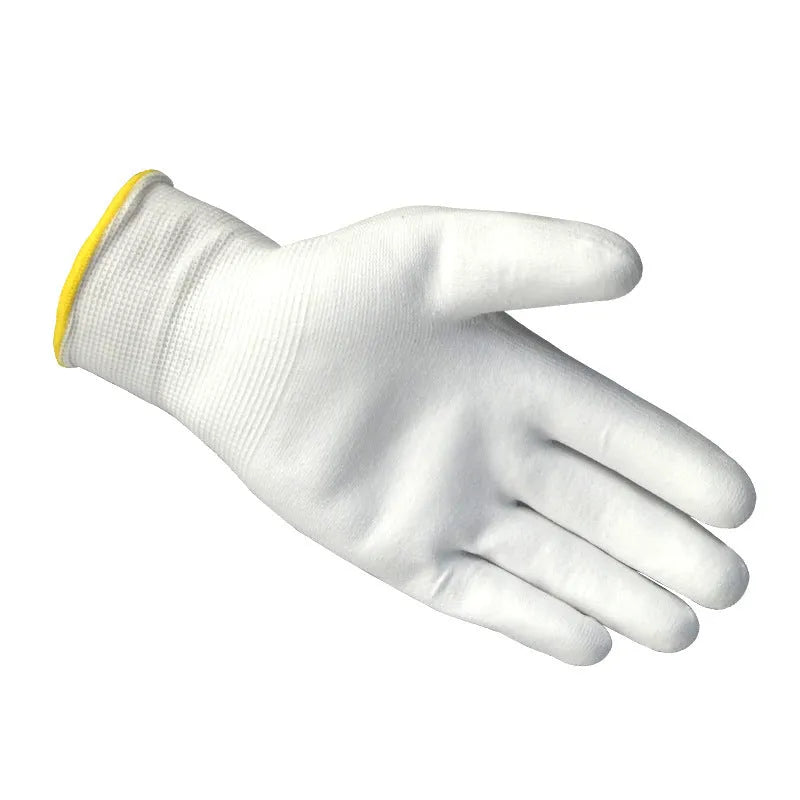White PU coated labour gloves showing flexible design and 24 cm length.