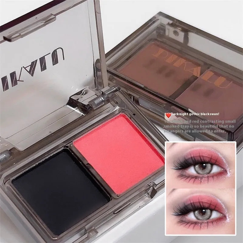 Cool two-tone eyeshadow palette showing pink and black matte and shimmer shades for punk and festival makeup looks