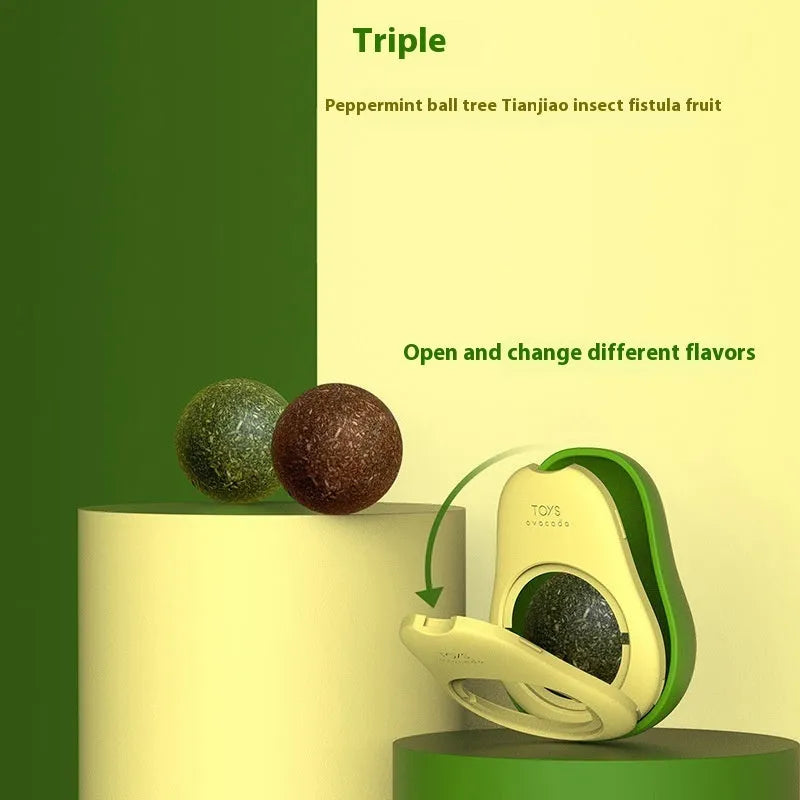 Plastic cat toy with textured dental cleaning surface and catnip ball in multiple colour options