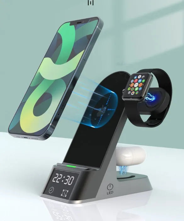 Black multifunctional alarm clock wireless charging station with digital display