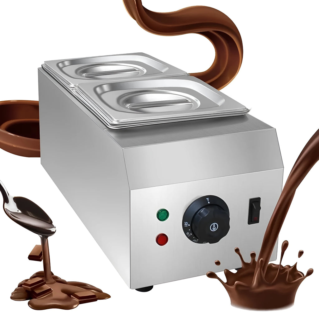 Commercial electric chocolate melting machine with stainless steel tank and digital temperature control display.