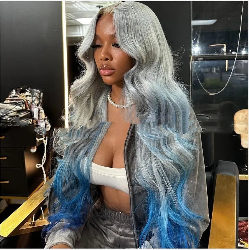 Grey blue gradient human hair lace front wig with 150% density on a model.