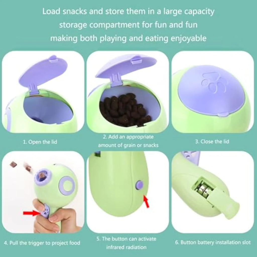 Green, orange, and pink plastic interactive dog treat launcher toy with remote feeding function.