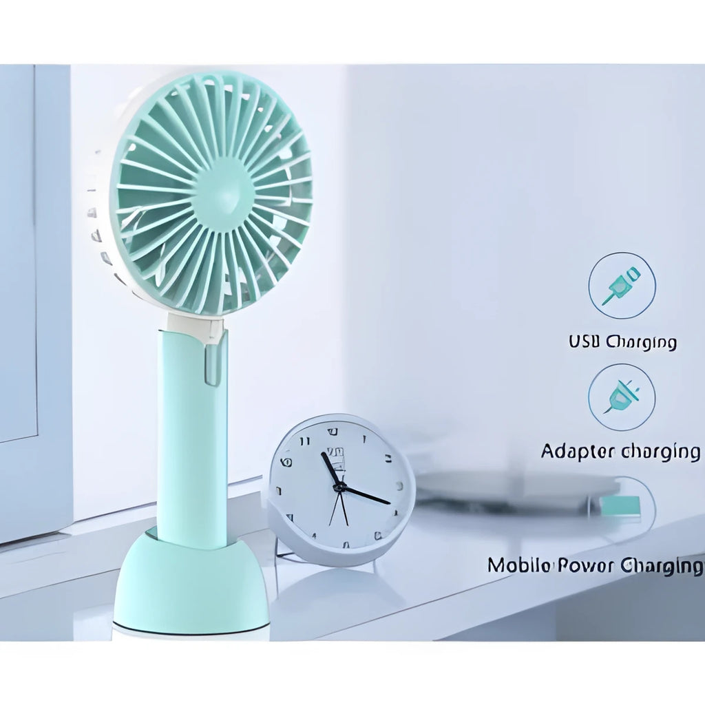 Blue handheld mini electric fan with USB cable, 3-speed buttons, and oscillating head