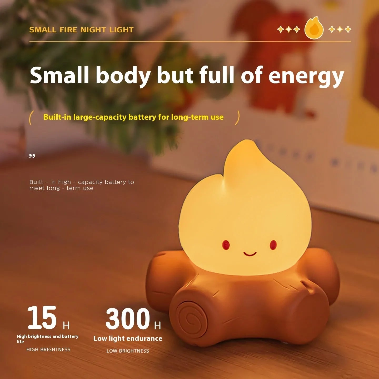 Cartoon silicone small fire pile night lamp with yellow light on a surface.