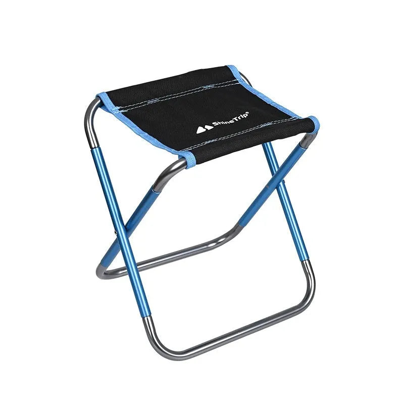 Black national style aluminium alloy folding stool shown in folded and unfolded positions.