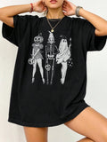 Loose-fit short-sleeve cotton T-shirt in various colours on a size chart background.
