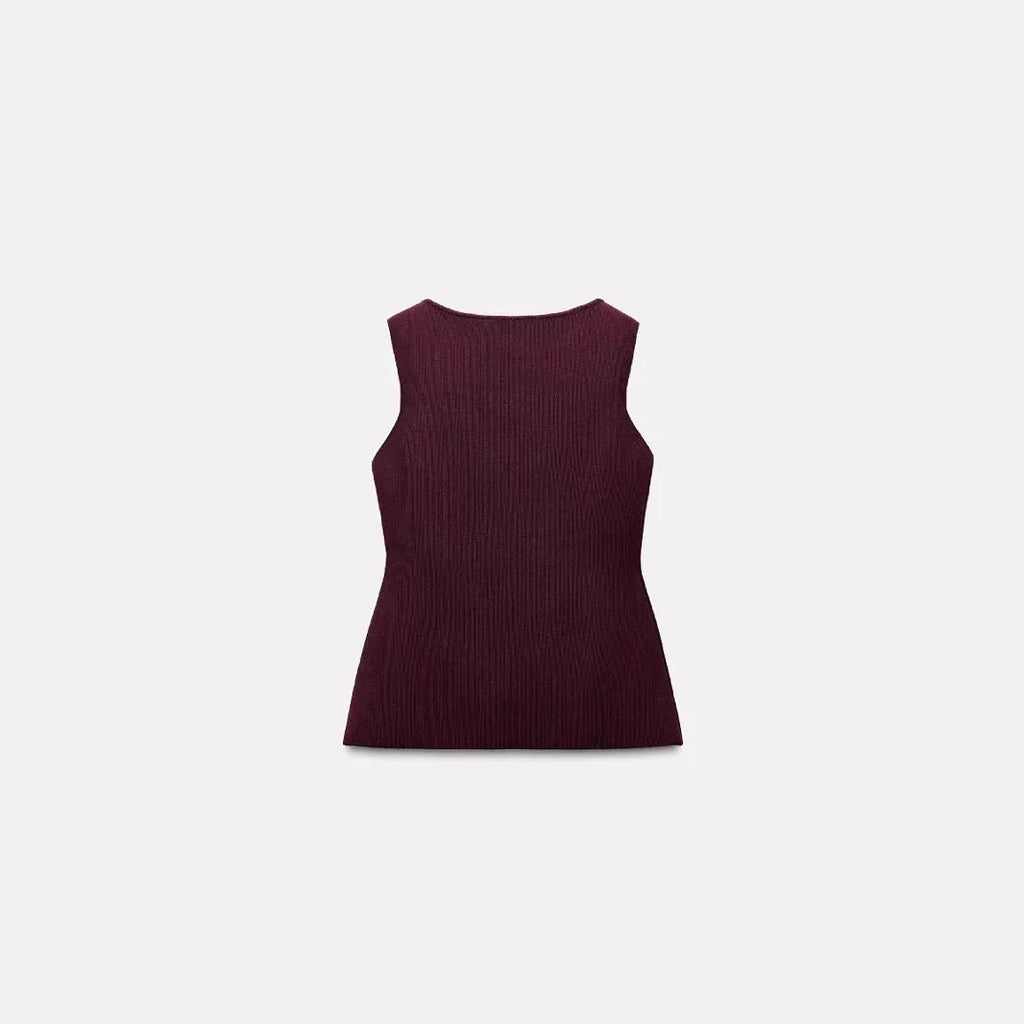 Women's dark red viscose fibre sleeveless cardigan vest with 3D pattern detailing and slim fit silhouette