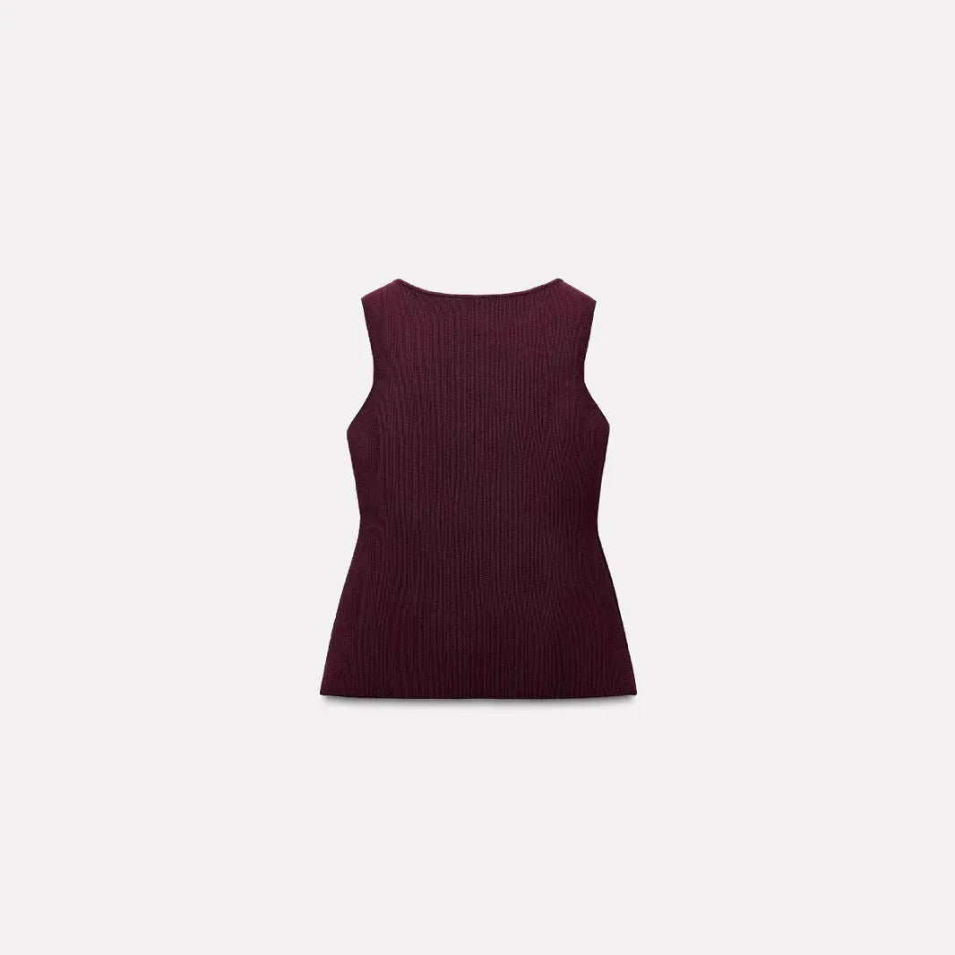 Women's dark red viscose fibre sleeveless cardigan vest with 3D pattern detailing and slim fit silhouette