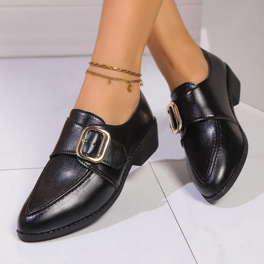 Women's British-style leather shoes with decorative bow details and rubber sole