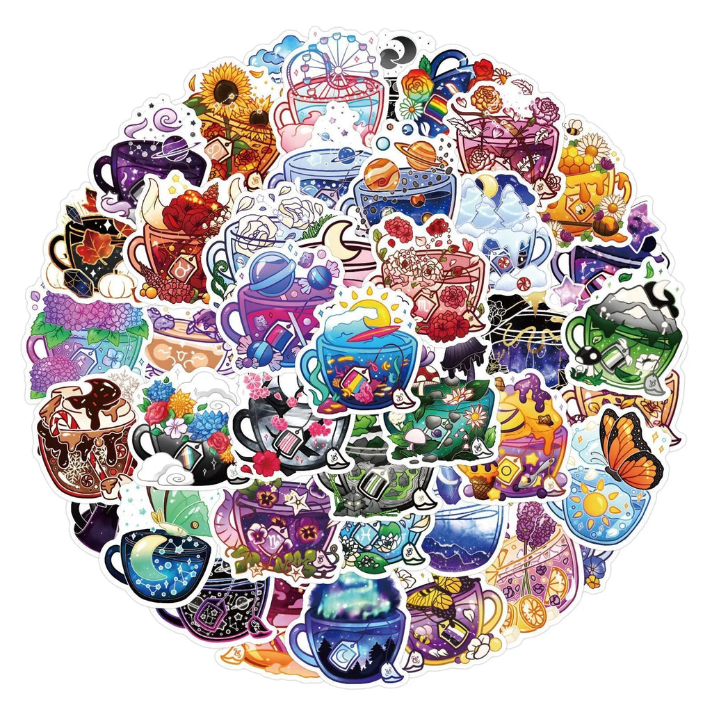 50 colourful graffiti tea cup design waterproof vinyl stickers for DIY personalisation