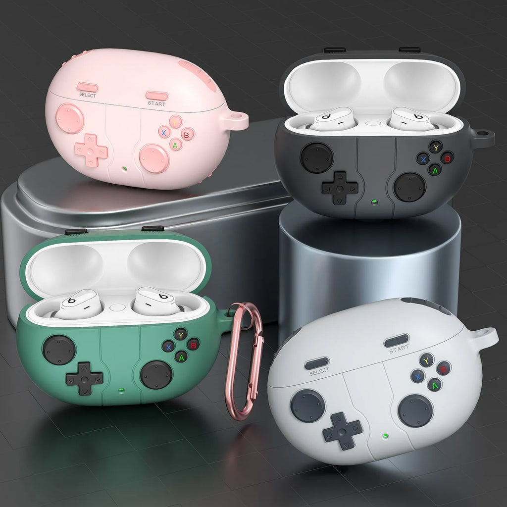 Silicone Bluetooth earphone cover for Beats Studio Buds in pink with embossed game machine pattern