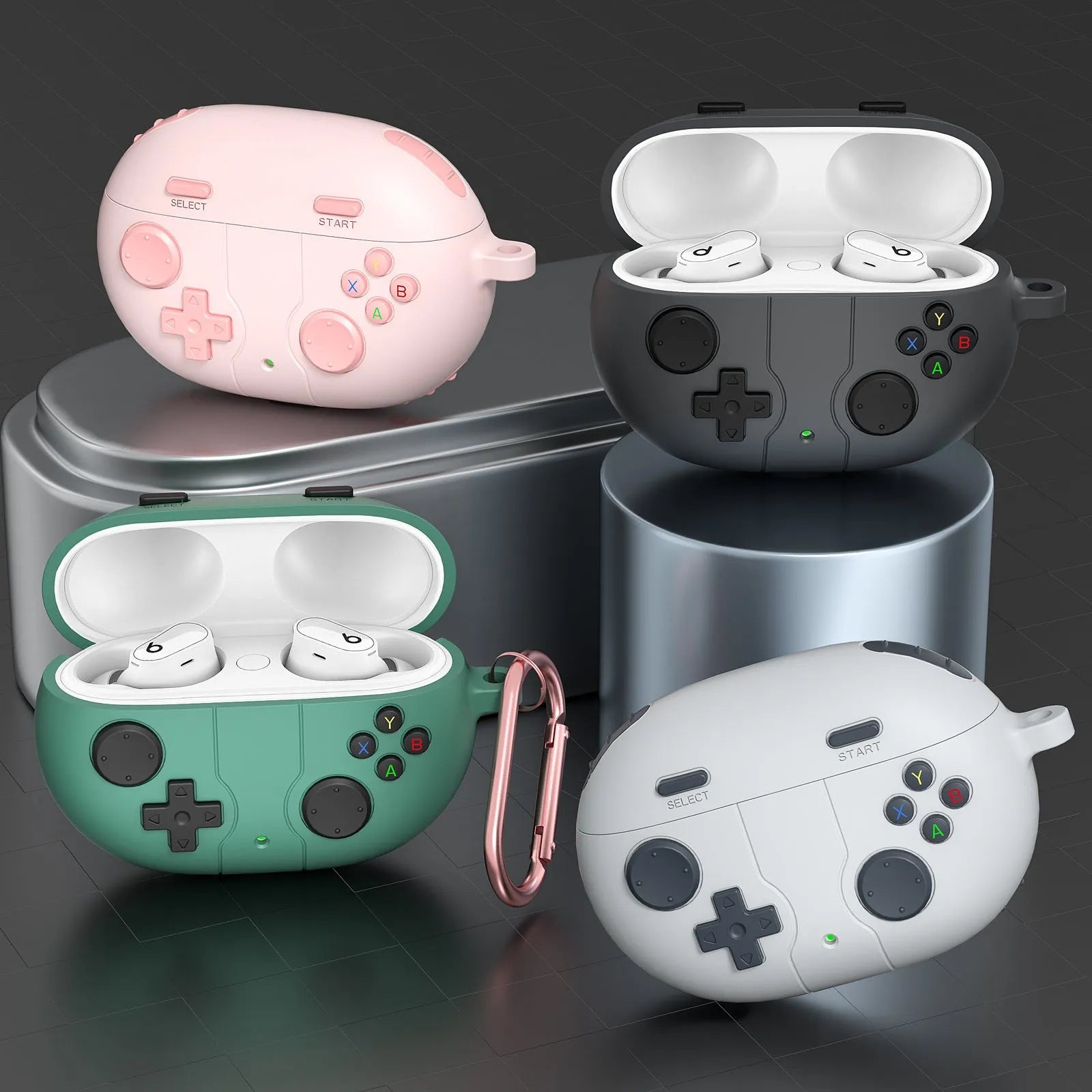Silicone Bluetooth earphone cover for Beats Studio Buds in pink with embossed game machine pattern
