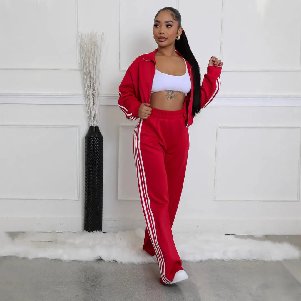 Striped two-piece polyester sweater set with zipper detail in street hipster style