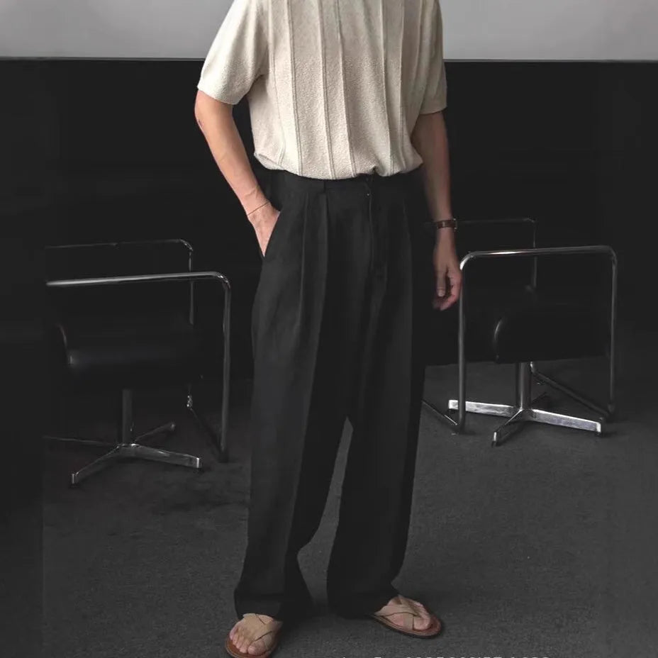 Men's wide-leg cotton linen trousers in apricot colour with micro-elastic waistband