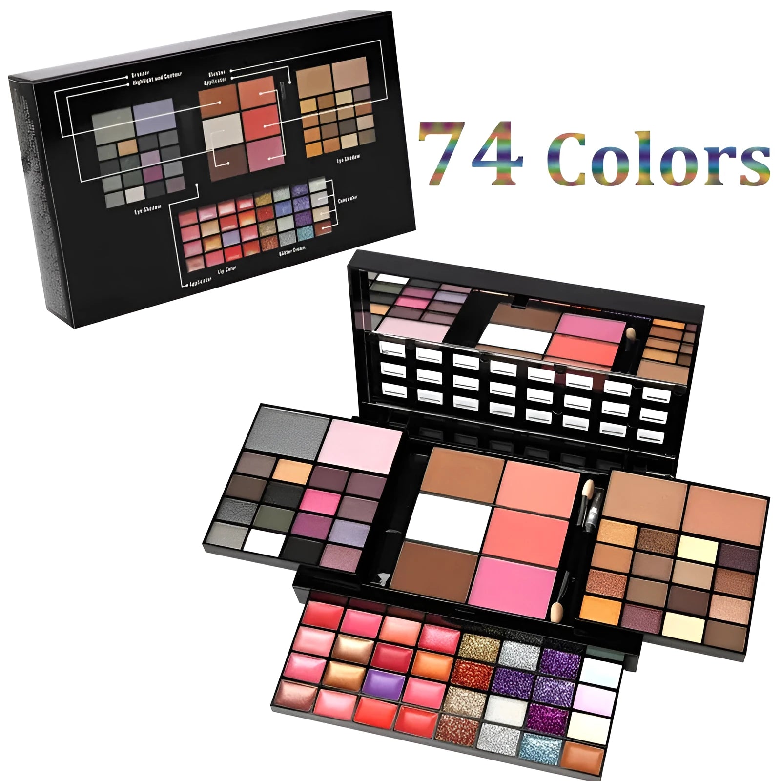 74 colour makeup combination palette open showing four layers of eyeshadows, lip glosses, and face powders with applicators