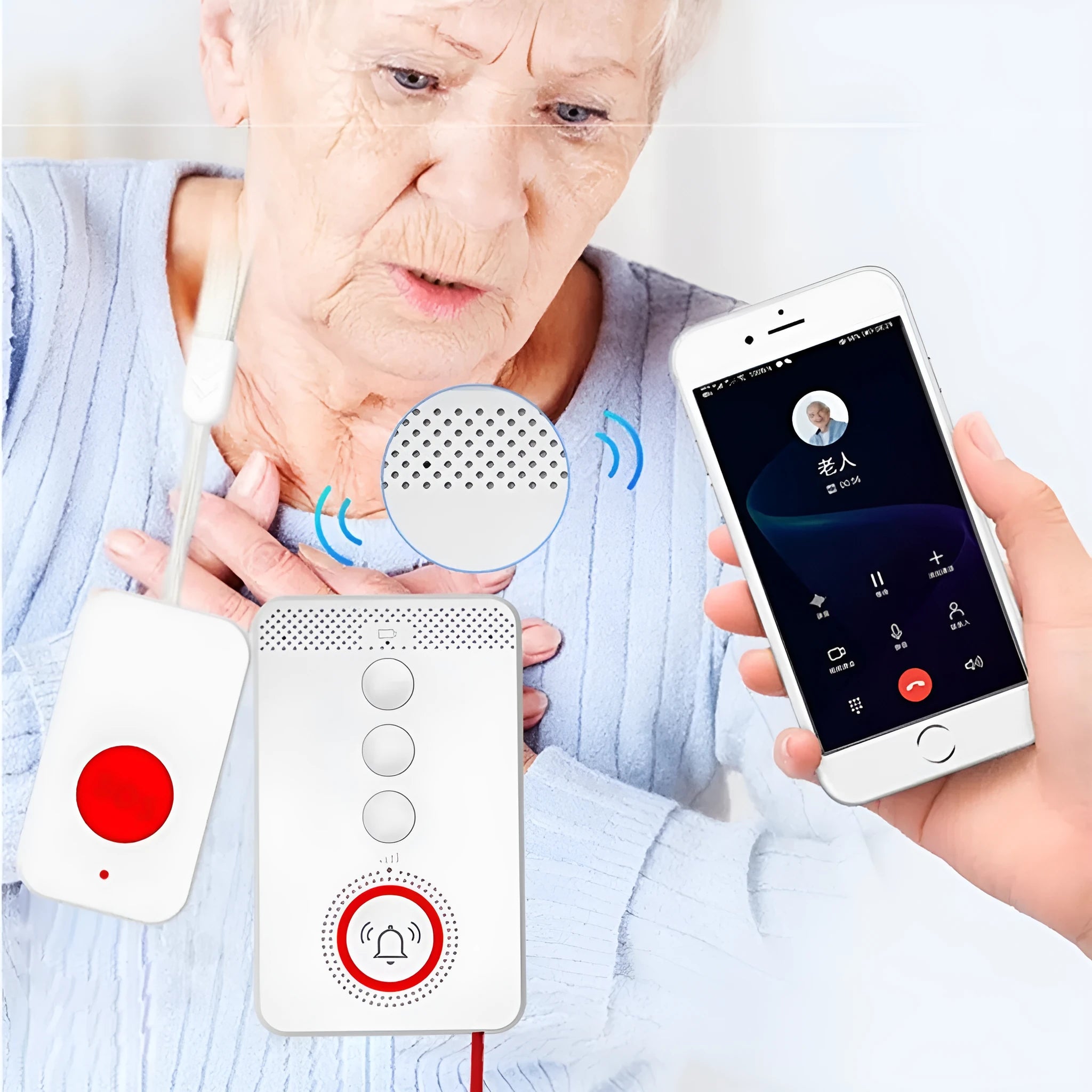 White one-click voice emergency alert device with buzzer and three wireless call buttons.