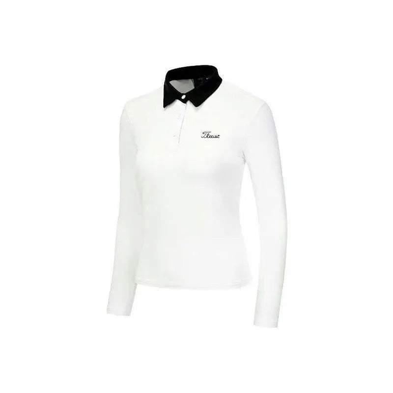Women's white long sleeve polyester golf top with slim sportswear fit for outdoor activities