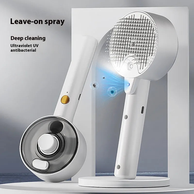 Ceramic white pet grooming brush with spray function and UV sterilisation light for cats and dogs