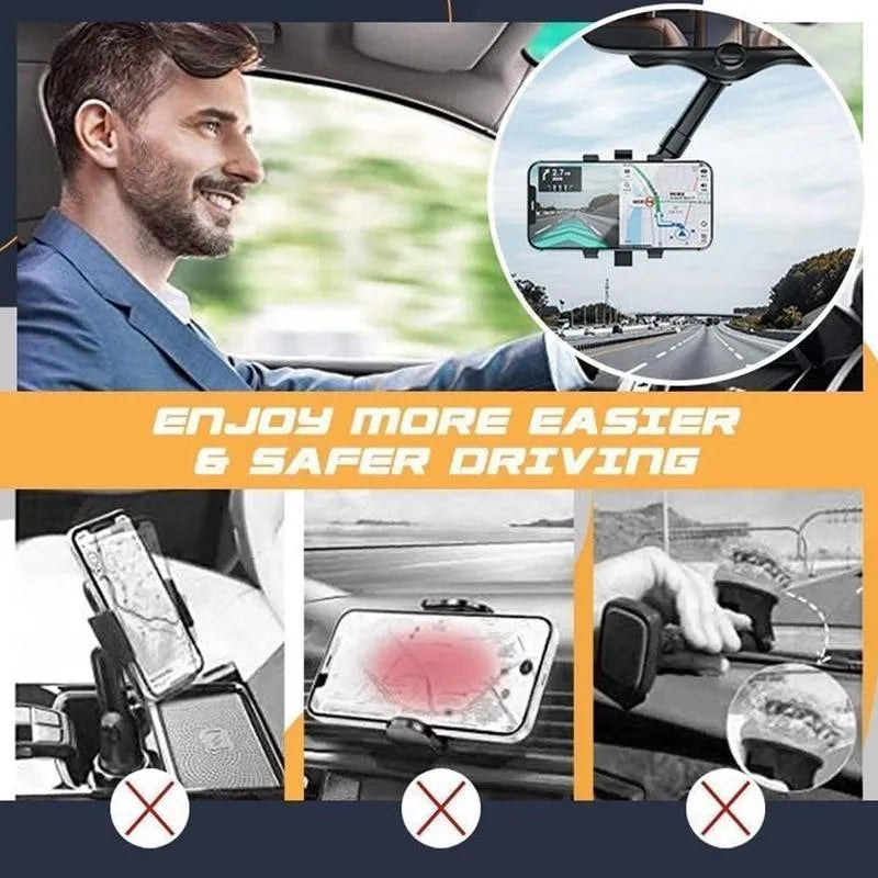 Black rearview mirror car phone holder with 360-degree rotation and retractable arm