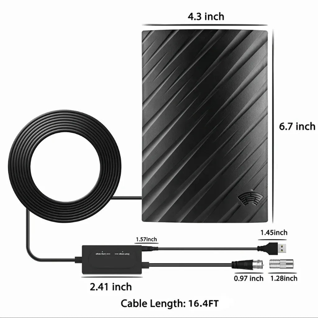 Black digital television antenna with mounting accessories including expansion tubes, screws, and cable ties