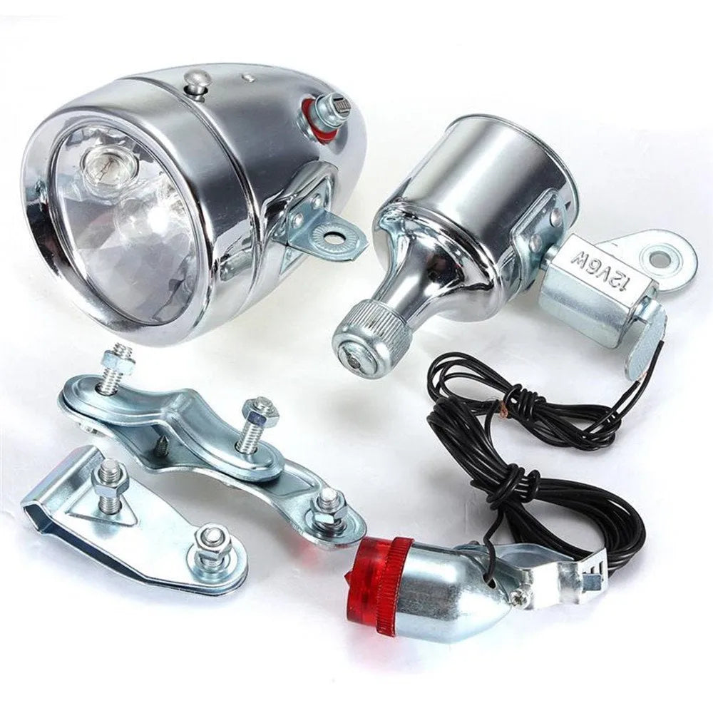Silver bicycle dynamo generator light set with friction drive mechanism for front and rear lighting