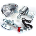 Silver bicycle dynamo generator light set with friction drive mechanism for front and rear lighting