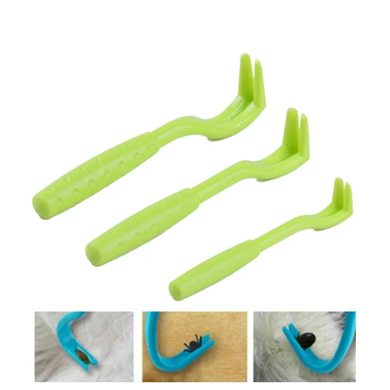 Three plastic tick removal tools with hook design for pets, shown in blue and green colours