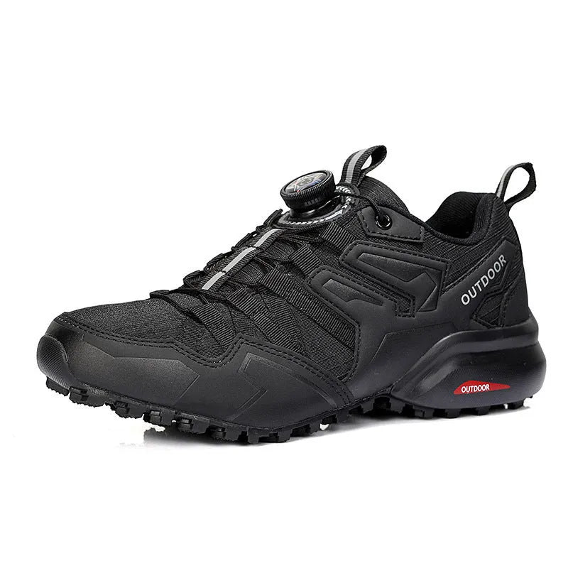 Men's beige lightweight hiking shoes with an elastic band closure and rubber sole