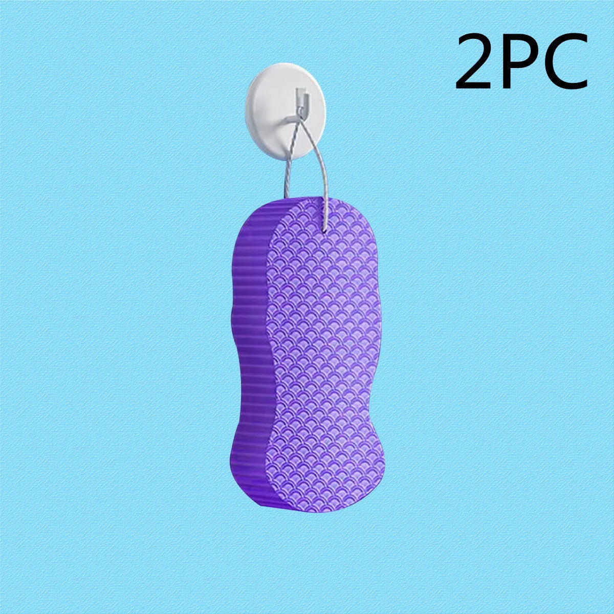 3D fish scale pattern bath sponge ball in assorted colours on a bathroom background.