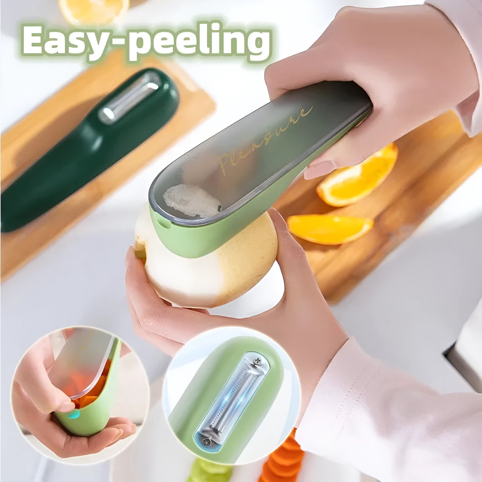 Dark green vegetable peeler with storage tube, showing stainless steel blade and non-slip handle.